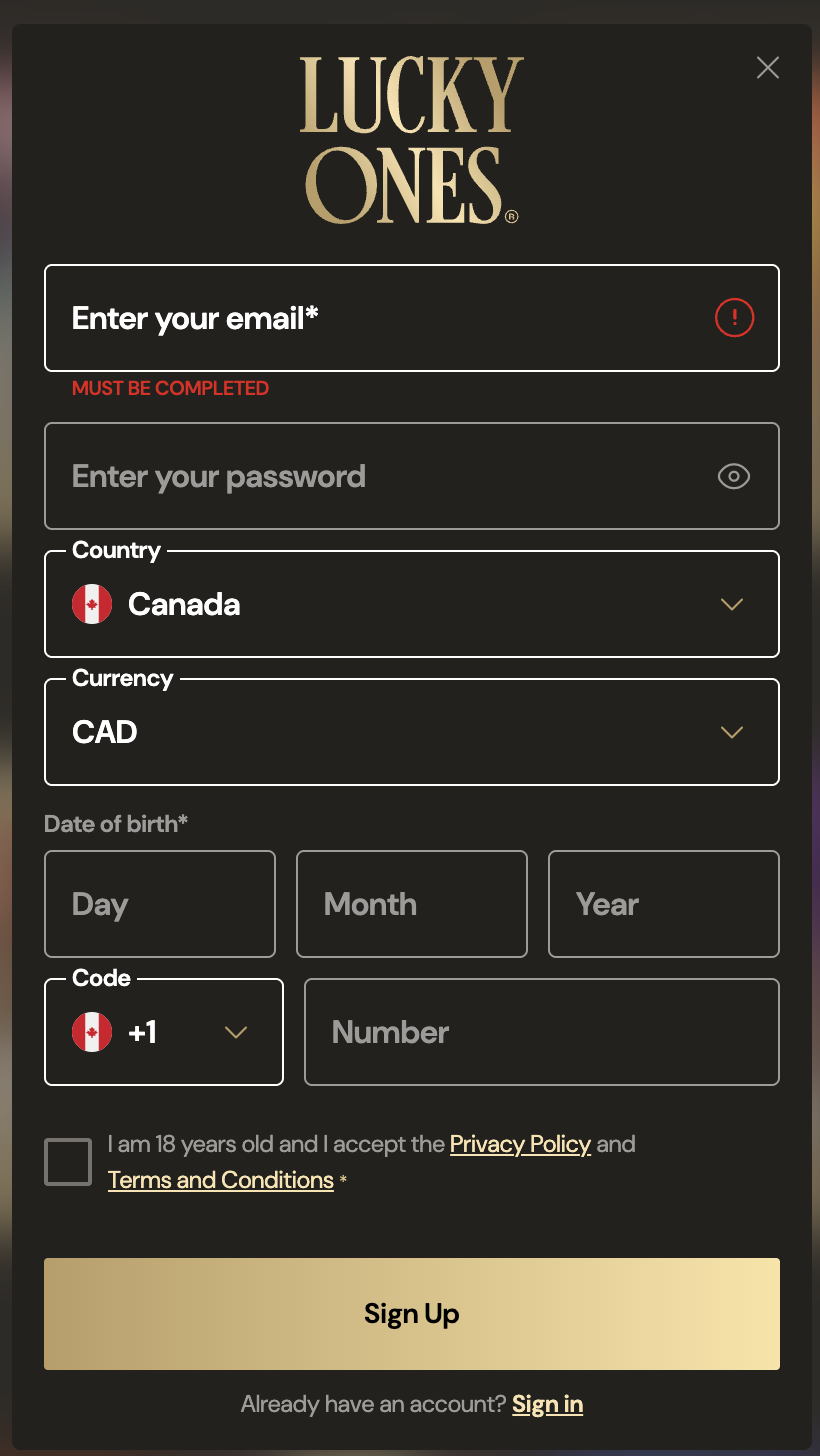 LuckyOnes Casino registration form on mobile
