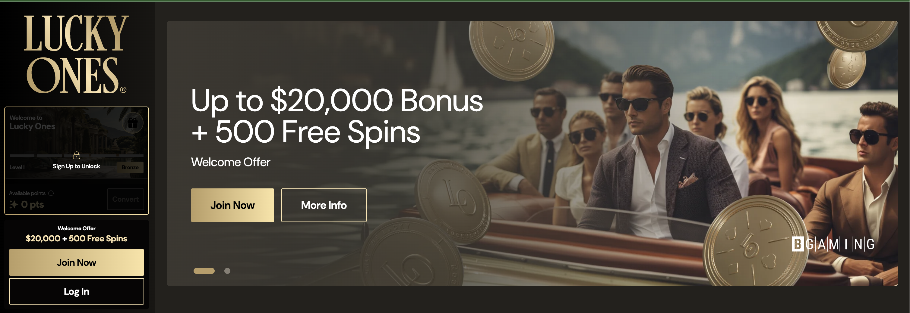 Page d'accueil de LuckyOnes Casino avec bannière de bonus de bienvenue