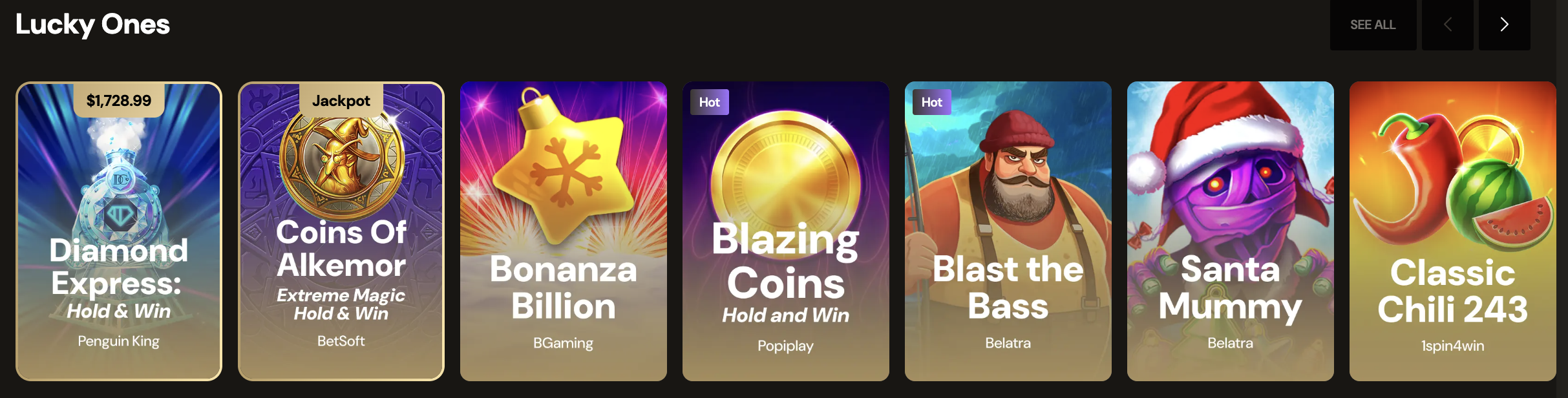 Lucky Ones featured games lobby on LuckyOnes Casino